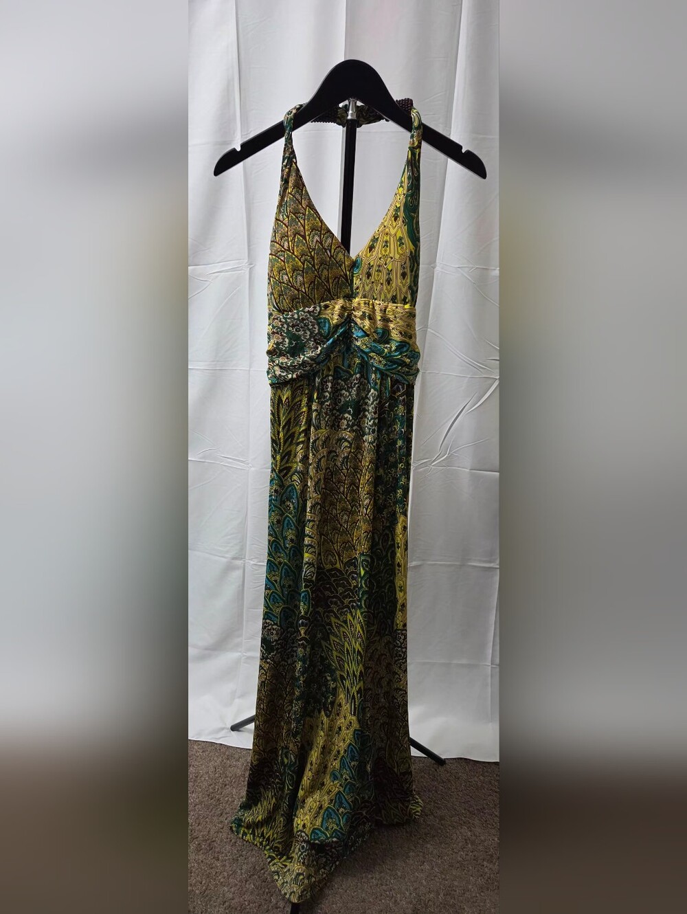 Shoreline Boho Peacock Feather Paisley Smocked Halter Maxi Dress Size S/M